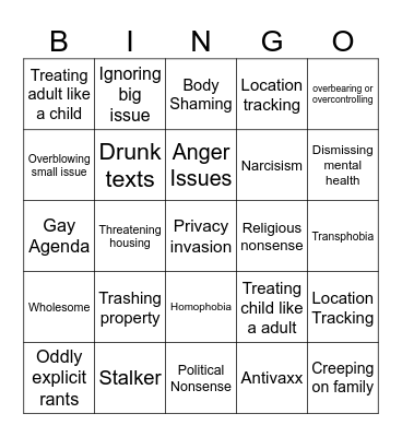 Insane parents bingo (credit to the click on youtube) Bingo Card