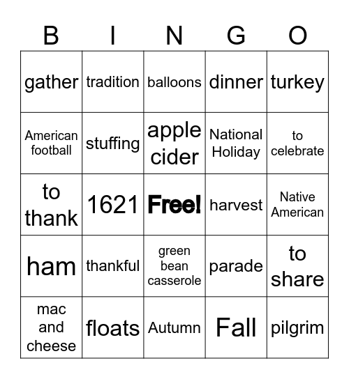 Thanksgiving BINGO Card