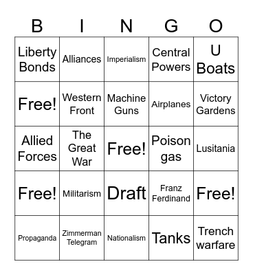 WWI Review Bingo Card