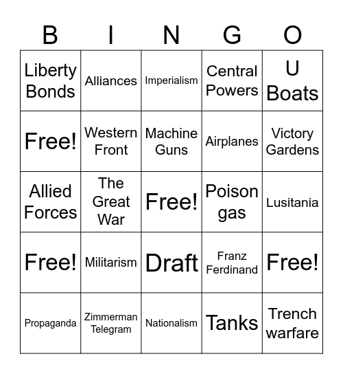 WWI Review Bingo Card