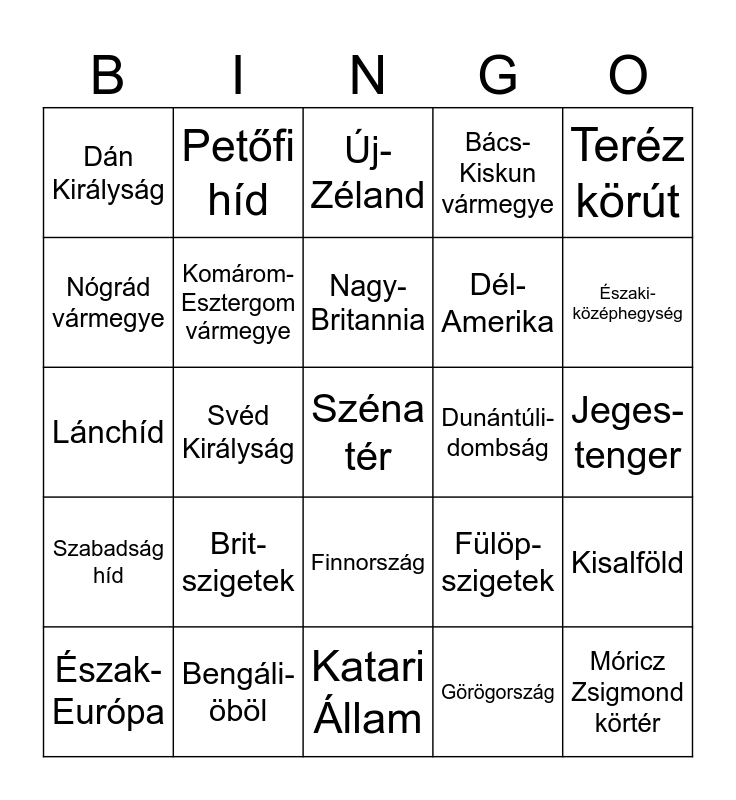 Földrajzi Nevek Bingo Card