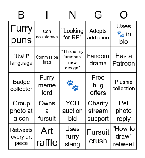 Furry social bingo Card