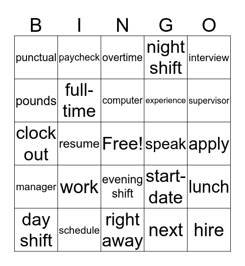 Lessons 23, 26, & 27 (job related) Bingo Card