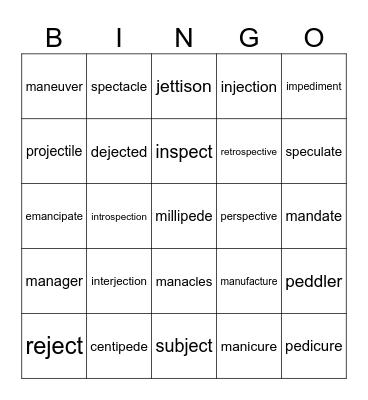 Root Words -ped, -man, -spect, -ject Bingo Card