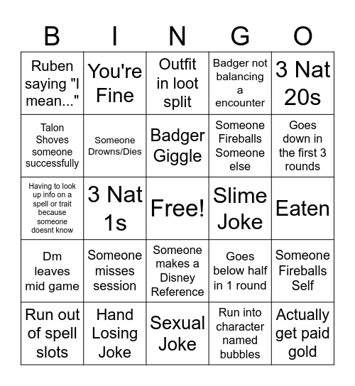 Badger DnD Bingo Card