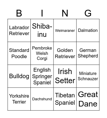 Dog Breed Bingo Card