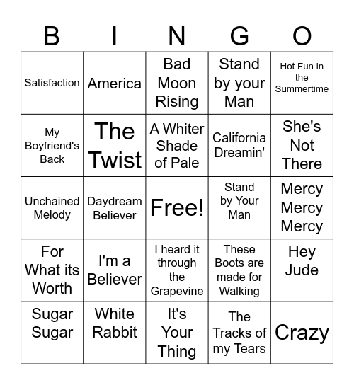 Music 60's Bingo Card