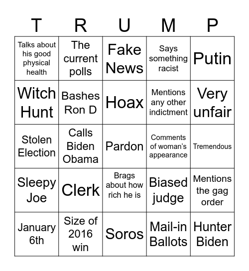 Trump Testimony Bingo Card