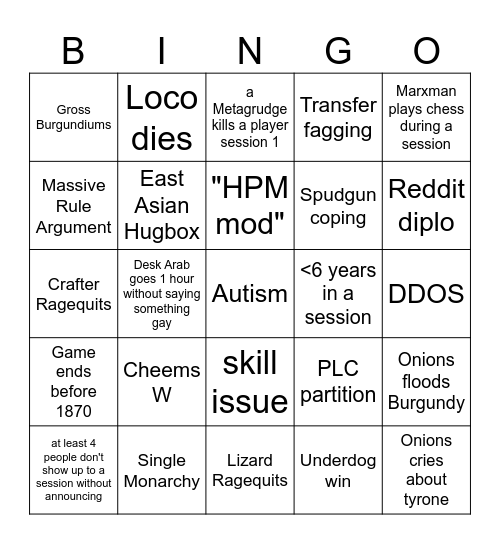 Bad Frank Game Bingo Card