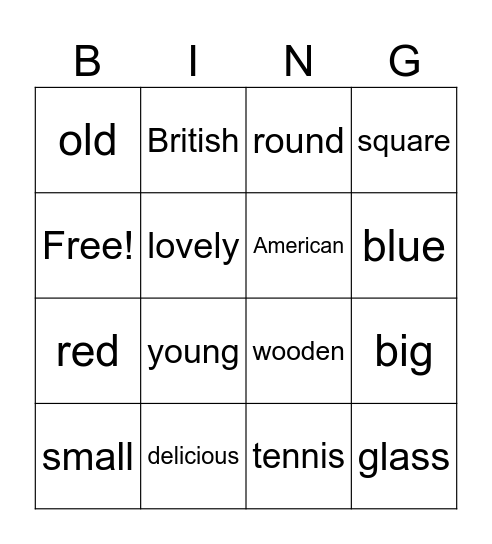 ADJECTIVES BINGO Card