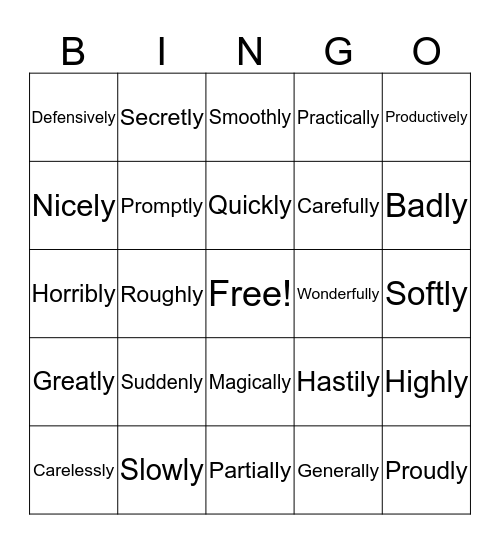 Adverb Bingo Card