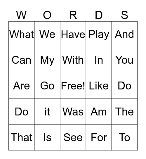 Sight Words Bingo Card