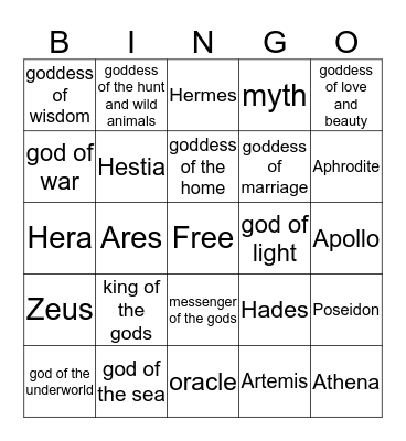 Greek Gods and Goddesses Bingo Card