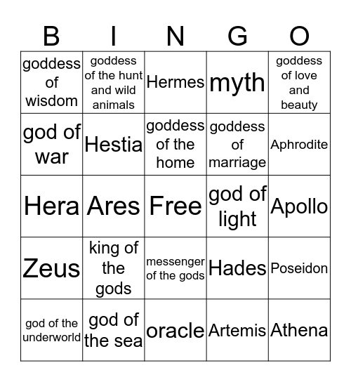 Greek Gods and Goddesses Bingo Card