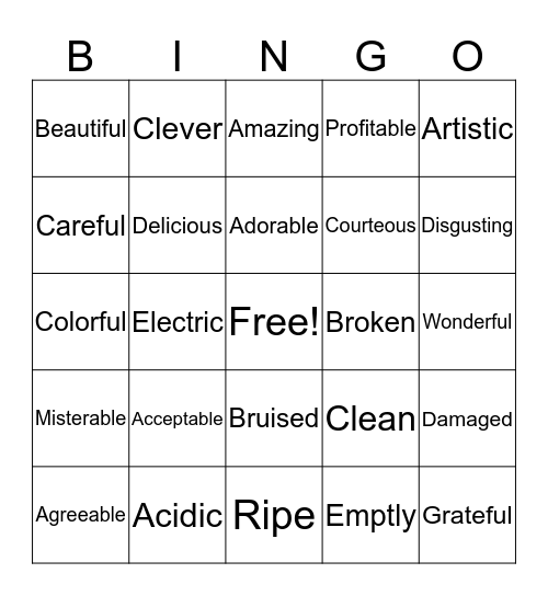 Adjectives Bingo Card