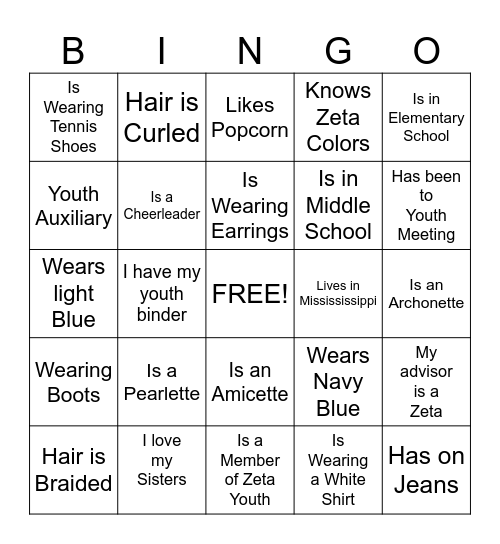 Zeta Youth Auxiliary Bingo Card