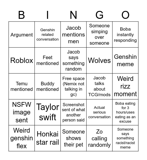 gcb Bingo Card