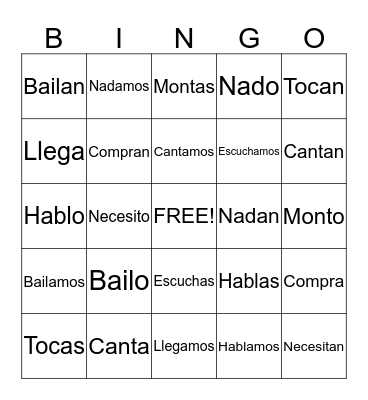-AR Verbs Bingo Card