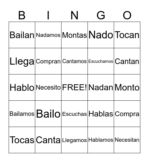 -AR Verbs Bingo Card