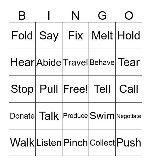 Verbs Bingo Card