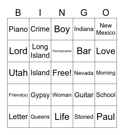 Piano Man Bingo Card
