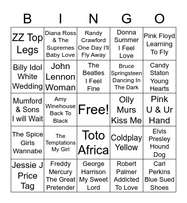 Pop Music Bingo  Bingo Card