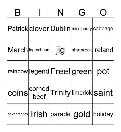 St Patrick's Day Bingo Card