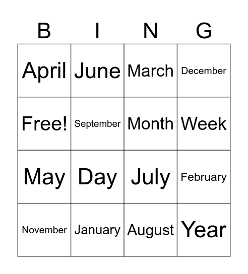 Days of the Month Bingo Card