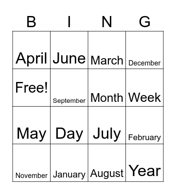 Days of the Month Bingo Card