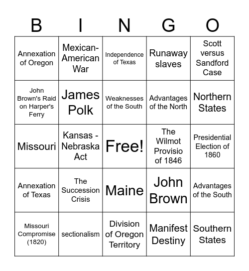 Standard 8 Bingo Card