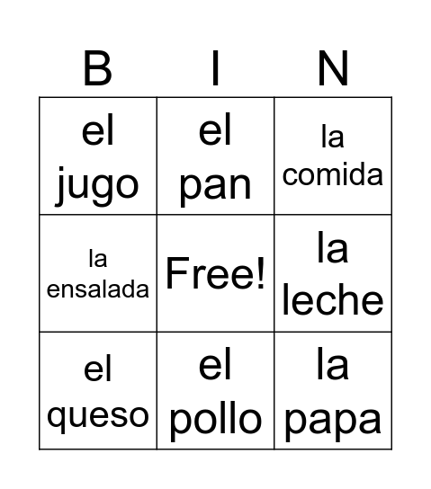 Mi Comida Bingo Card