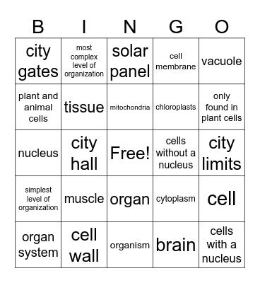 Cells, Cell City, and Levels of Organization Bingo Card