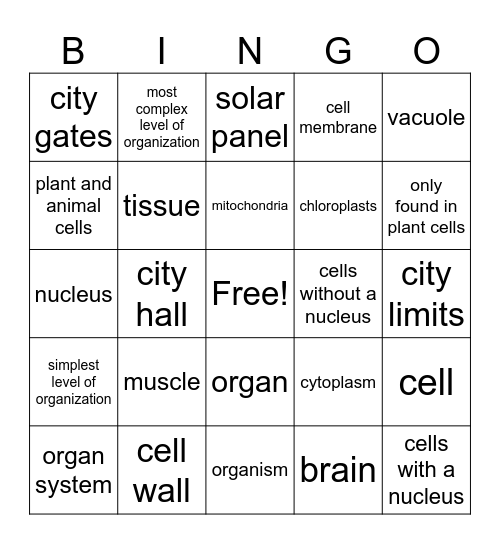Cells, Cell City, and Levels of Organization Bingo Card