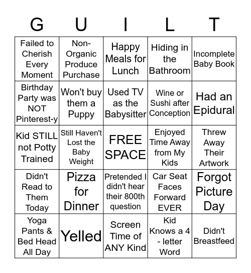 Mom Guilt Bingo Card