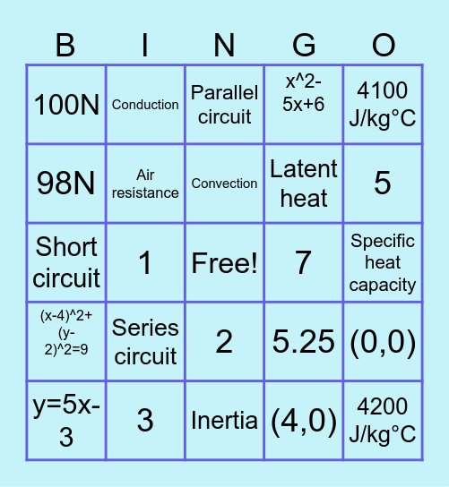 Secondary Bingo Card