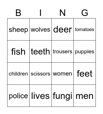 Plural nouns Bingo Card