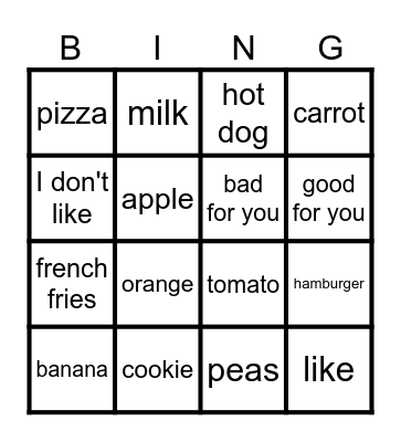 HC1 U8 Food Vocabulary Bingo Card