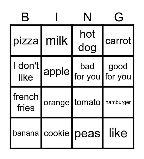 HC1 U8 Food Vocabulary Bingo Card