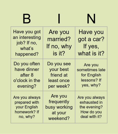 Bingo Warm Up Bingo Card