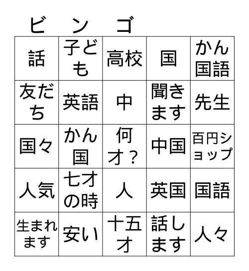 iiTomo 3 Units 1-4  Kanji Vocab Bingo Card