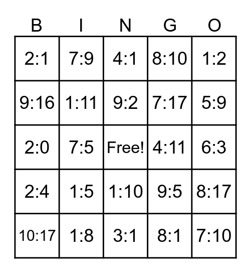Fractions and Ratio Bingo Card