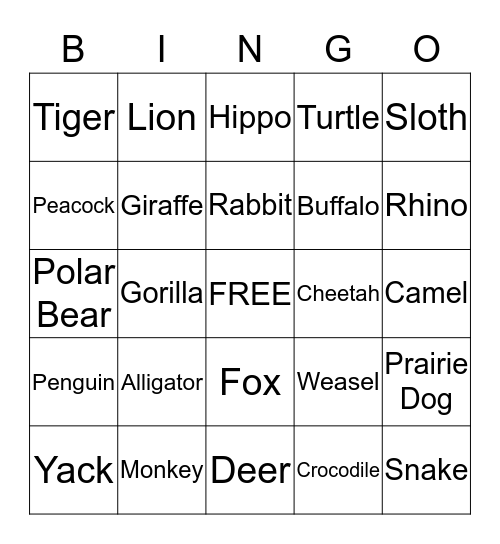 Zoo Bingo Card