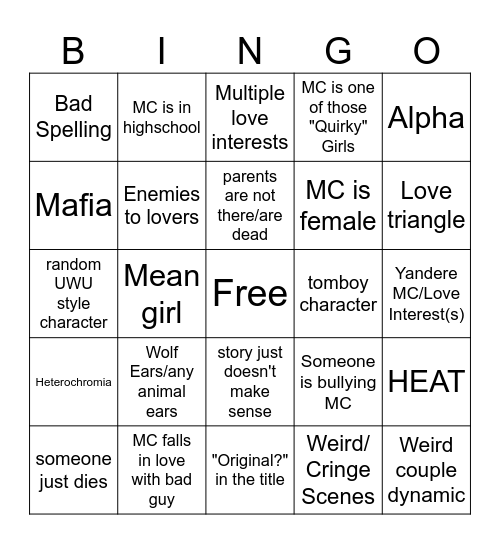 Gacha Cringe Bingo Card