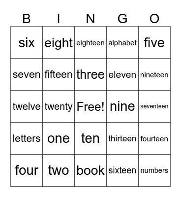 Numbers Bingo Card