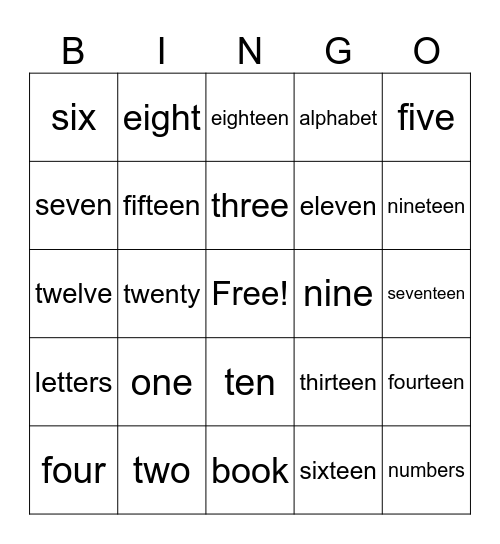 Numbers Bingo Card