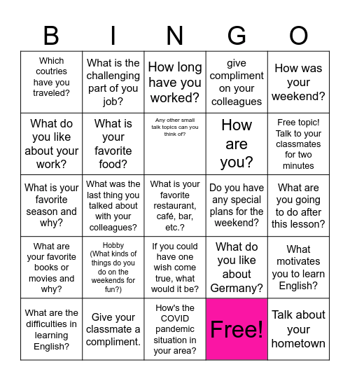 Small Talk Bingo Card