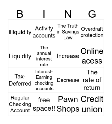 Savings Plans and Types of Checking Accounts Bingo Card