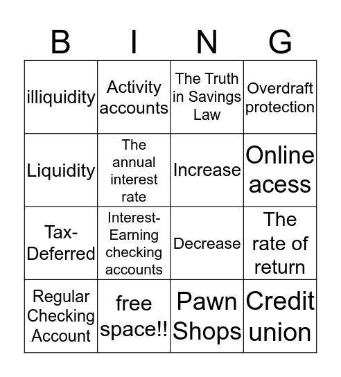 Savings Plans and Types of Checking Accounts Bingo Card