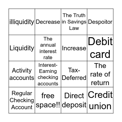 Savings Plans and Types of Checking Accounts Bingo Card