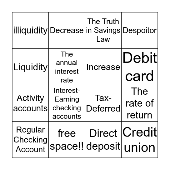 Savings Plans and Types of Checking Accounts Bingo Card